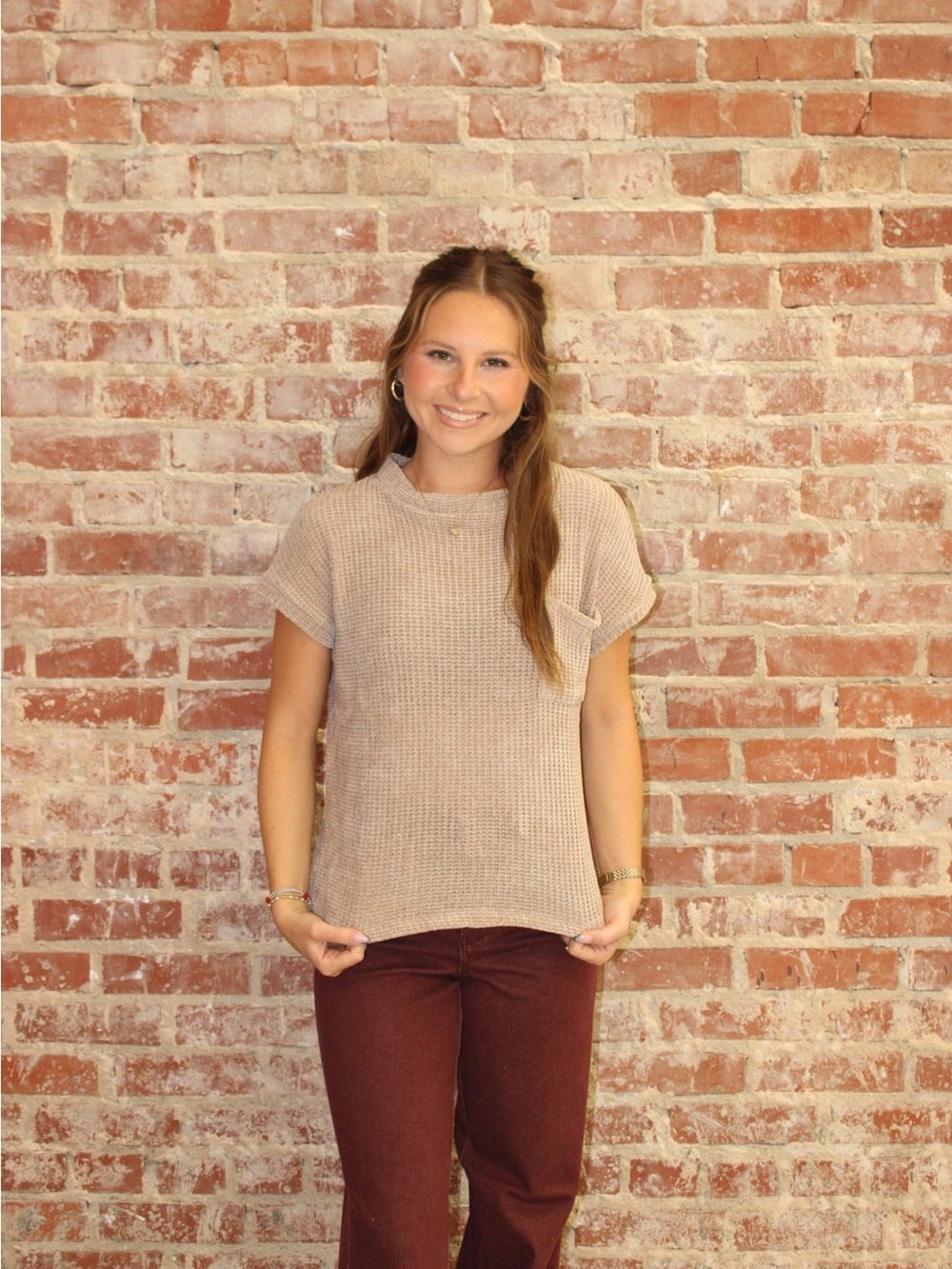 Zenana Ash Mocha Chenille Waffle Short Sleeve Sweater